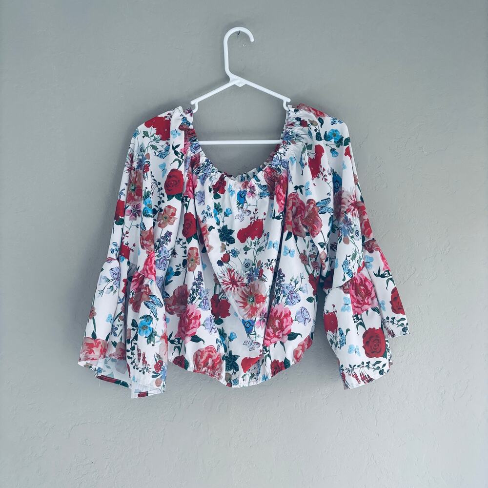 Floral Off Shoulder Blouse Womens Medium Bell Sleeve Boho Peasant Top